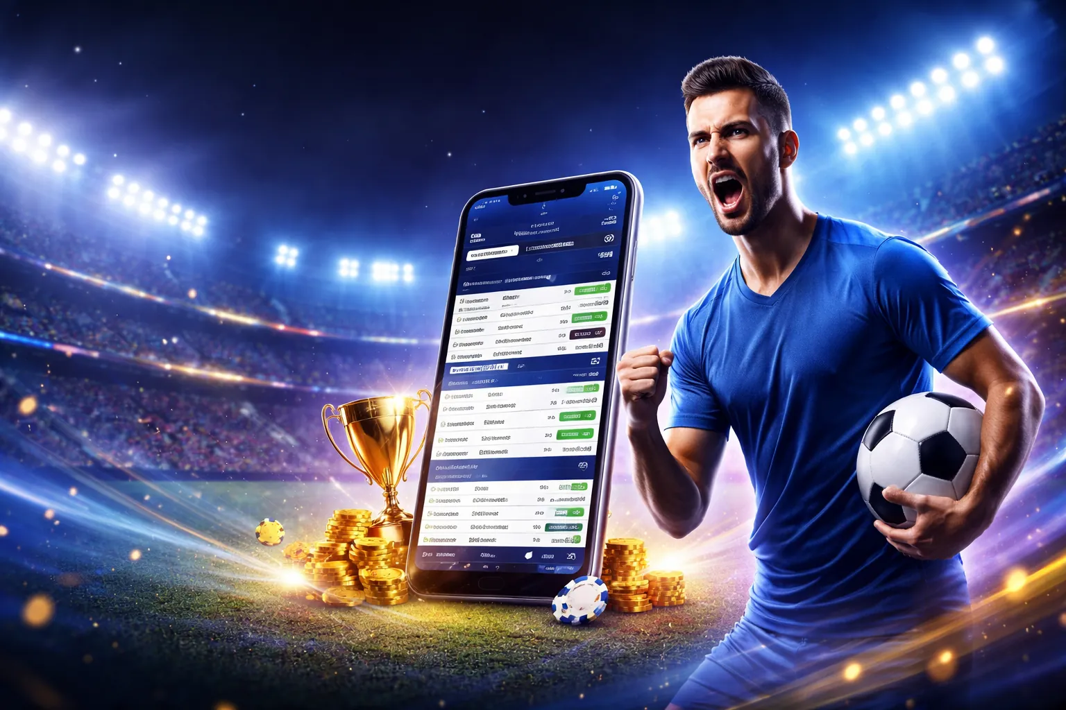 Hình ảnh sân vận động bóng đá với các biểu tượng cá cược thể thao và logo f8betbeta2